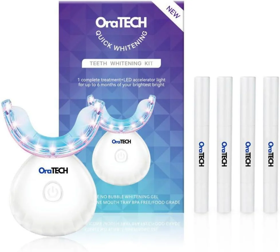 کیت سفید کننده دندان ممتاز برای دندان های حساس، دارای 32 چراغ LED دوگانه آبی و قرمز، +4 قلم سفید کننده، ایمن برای مینای دندان