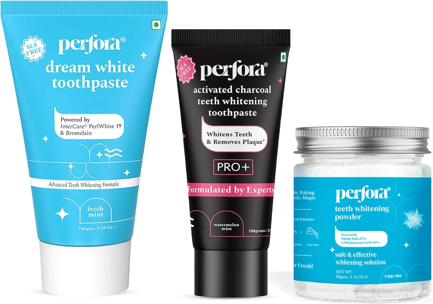 مجموعه سفید کننده دندان پرفورا | خمیر دندان سفید کننده رویایی | پودر سفید کننده دندان | خمیر دندان زغالی فعال | غنی شده با ویتامین، بدون SLS و فلوراید | بدون SLS و دارای گواهی ایمنی | بسته 3 عددی مجموعه سفید کننده دندان پرفورا | خمیر دندان سفید کننده رویایی | پودر سفید کننده دندان | خمیر دندان زغالی فعال | غنی شده با ویتامین، بدون SLS و فلوراید | بدون SLS و دارای گواهی ایمنی | بسته 3 عددی