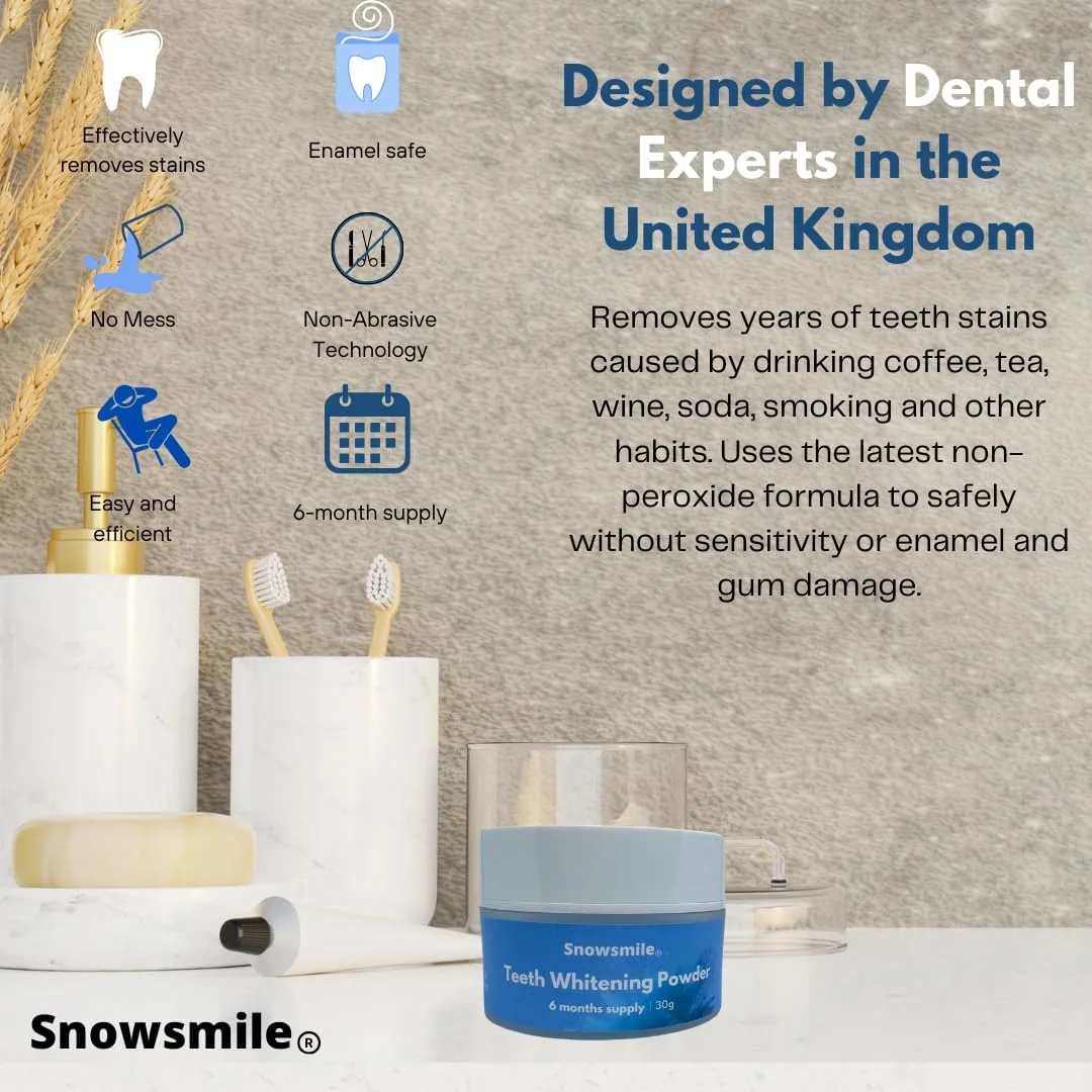 پودر سفید کننده دندان Snowsmile بدون پراکسید، مورد تایید دندانپزشکان و ایمن برای مینای دندان | تامین 6 ماهه | از بین برنده لکه های چای، قهوه، شراب و سیگار | فرمول ایمن و غیر حساس | طعم نعناع پودر سفید کننده دندان Snowsmile بدون پراکسید، مورد تایید دندانپزشکان و ایمن برای مینای دندان | تامین 6 ماهه | از بین برنده لکه های چای، قهوه، شراب و سیگار | فرمول ایمن و غیر حساس | طعم نعناع