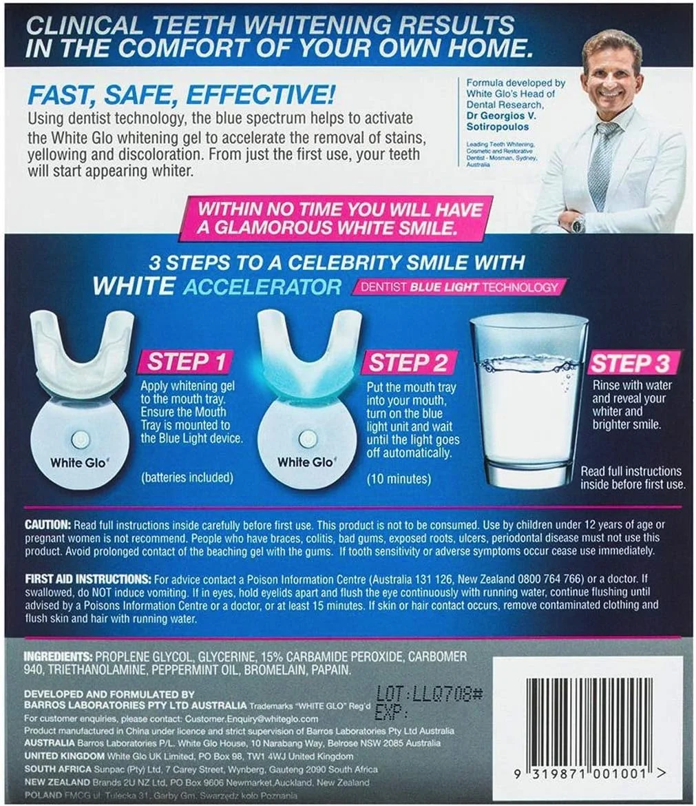 کیت سفید کننده حرفه ای دندان وایت گلو با نور ال ای دی برای دندان ها و لثه های حساس - ژل فعال شده با نور آبی برای بهترین نتیجه سفید کنندگی دندان - تایمر 10 دقیقه ای و 50 بار استفاده!
