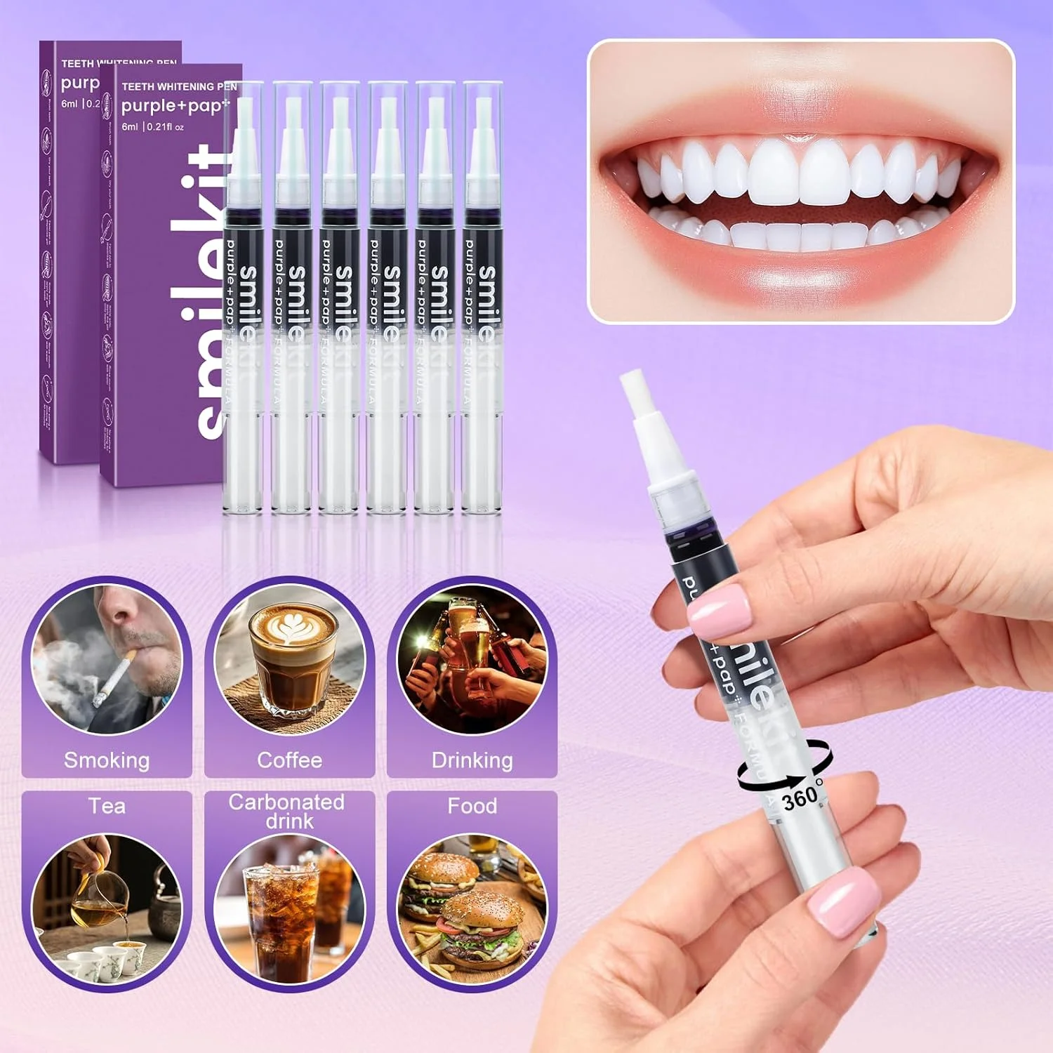 قلم سفید کننده دندان، بسته 6 عددی قلم سفید کننده دندان، سفید کننده دندان برای دندان های سفیدتر، حذف موثر لکه های چای قهوه و نیکوتین