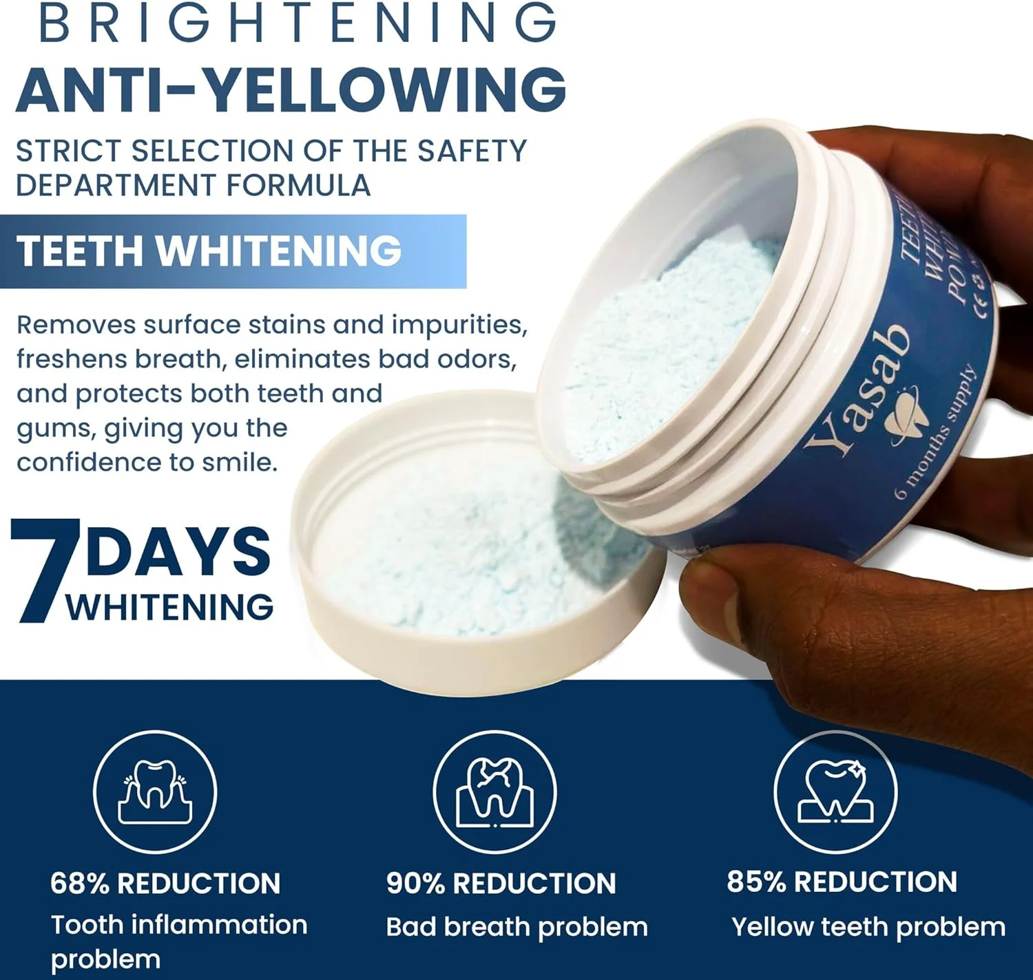 پودر سفید کننده دندان یاساب | تامین 6 ماهه | سریع، بدون حساسیت و سازگار با مینای دندان | از بین بردن لکه های قدیمی و روشن کردن لبخند شما | تنفس تازه | طعم نعناع خنک | پودر سفید کننده فوری پودر سفید کننده دندان یاساب | تامین 6 ماهه | سریع، بدون حساسیت و سازگار با مینای دندان | از بین بردن لکه های قدیمی و روشن کردن لبخند شما | تنفس تازه | طعم نعناع خنک | پودر سفید کننده فوری