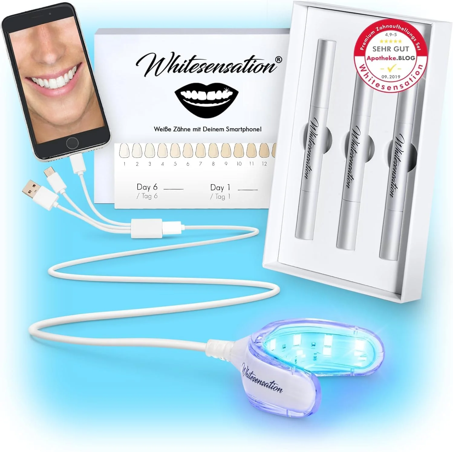 مجموعه سفید کننده دندان پریمیوم Whitesensation® با ریل LED، قلم ژل و نوارهای [اصلی] - دندان های خود را در 6 روز سفید کنید - سفید کننده دندان