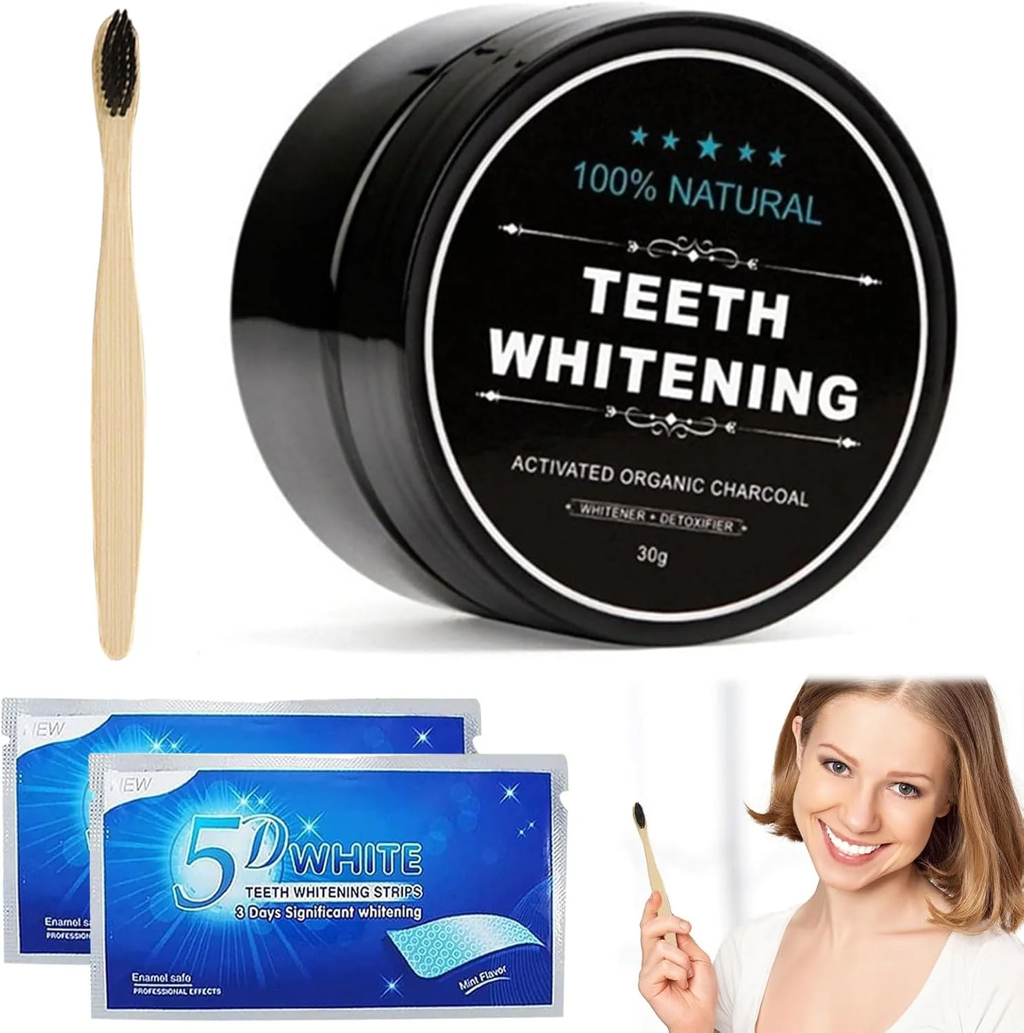 مجموعه سفید کننده دندان UOY، پودر سفید کننده دندان، مجموعه سفید کننده دندان با کربن فعال، مسواک بامبو و 2 نوار سفید کننده، پودر سفید کننده و تمیز کننده دندان برای دندان های سفید