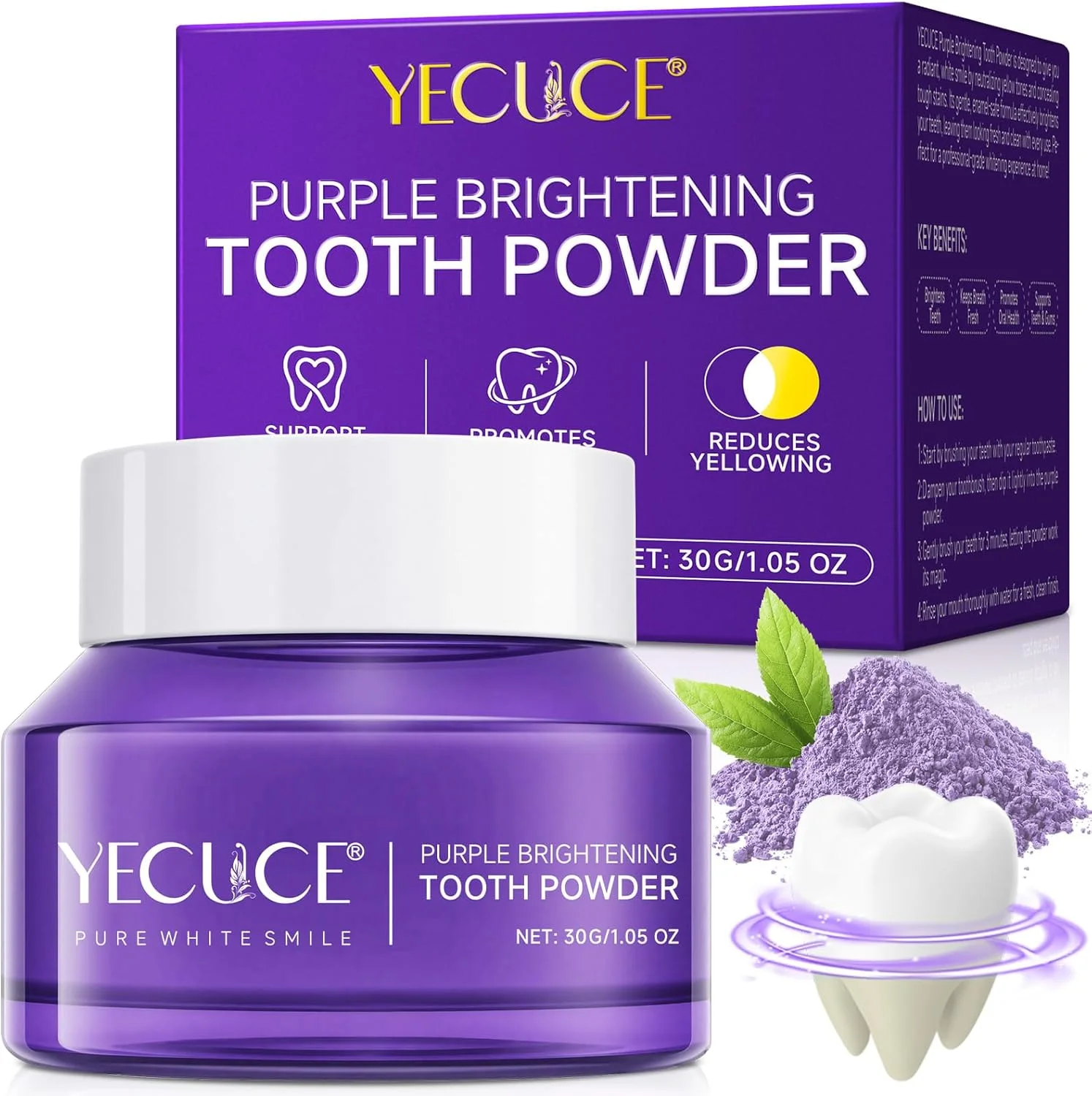 پودر سفید کننده دندان، پودر تقویت کننده خمیر دندان - از بین برنده لکه ها، بدون حساسیت، تنفس تازه - پودرهای سفید کننده خمیر دندان ایمن برای لکه های قهوه، چای، غذا، شراب و تنباکو، محافظت از لثه ها