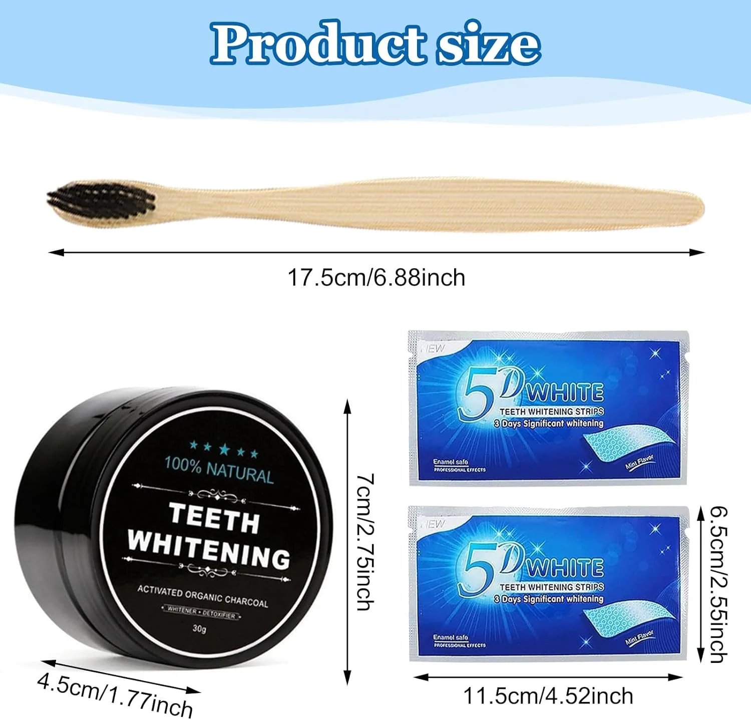 مجموعه سفید کننده دندان UOY، پودر سفید کننده دندان، مجموعه سفید کننده دندان با کربن فعال، مسواک بامبو و 2 نوار سفید کننده، پودر سفید کننده و تمیز کننده دندان برای دندان های سفید