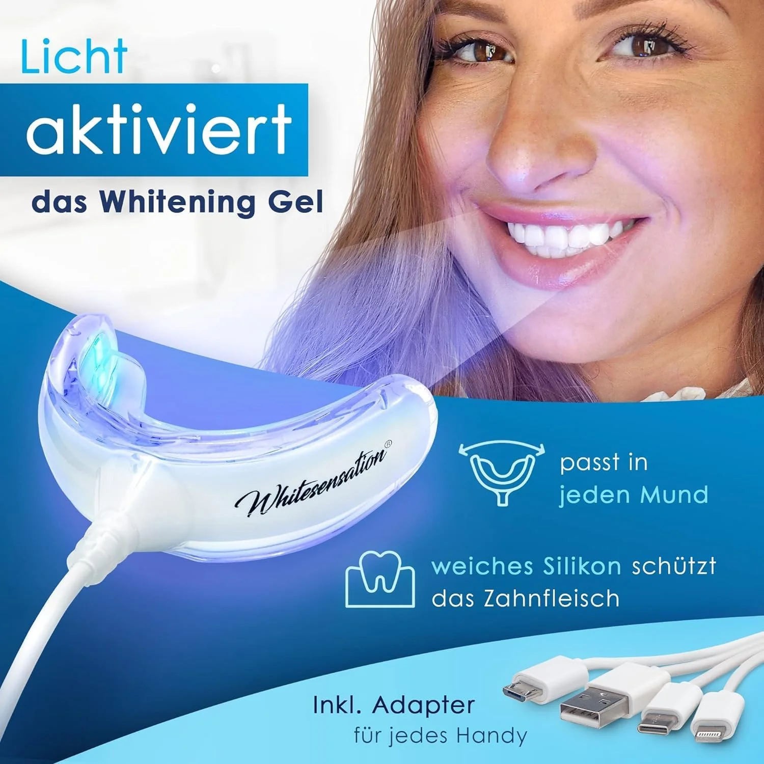 مجموعه سفید کننده دندان پریمیوم Whitesensation® با ریل LED، قلم ژل و نوارهای [اصلی] - دندان های خود را در 6 روز سفید کنید - سفید کننده دندان