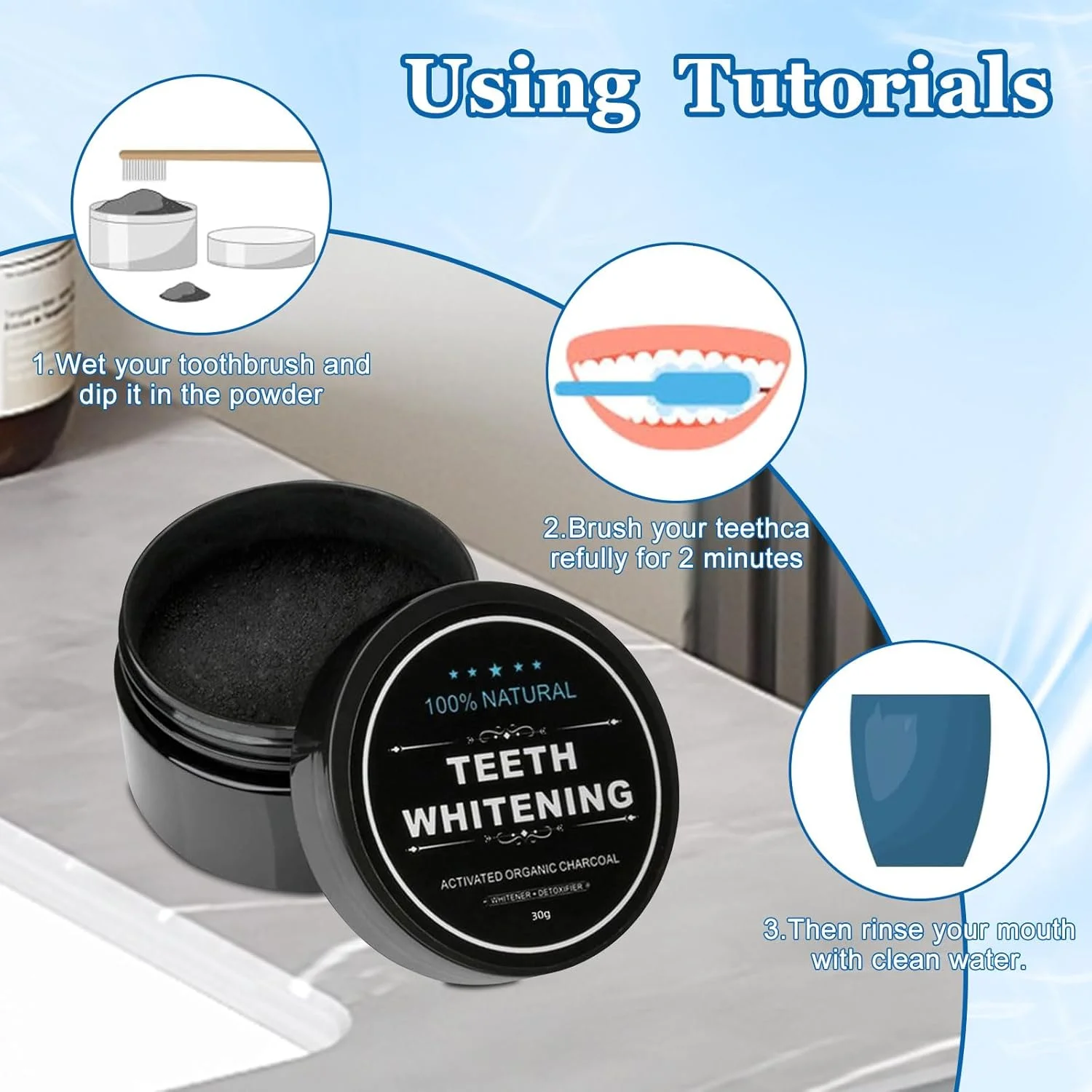 مجموعه سفید کننده دندان UOY، پودر سفید کننده دندان، مجموعه سفید کننده دندان با کربن فعال، مسواک بامبو و 2 نوار سفید کننده، پودر سفید کننده و تمیز کننده دندان برای دندان های سفید