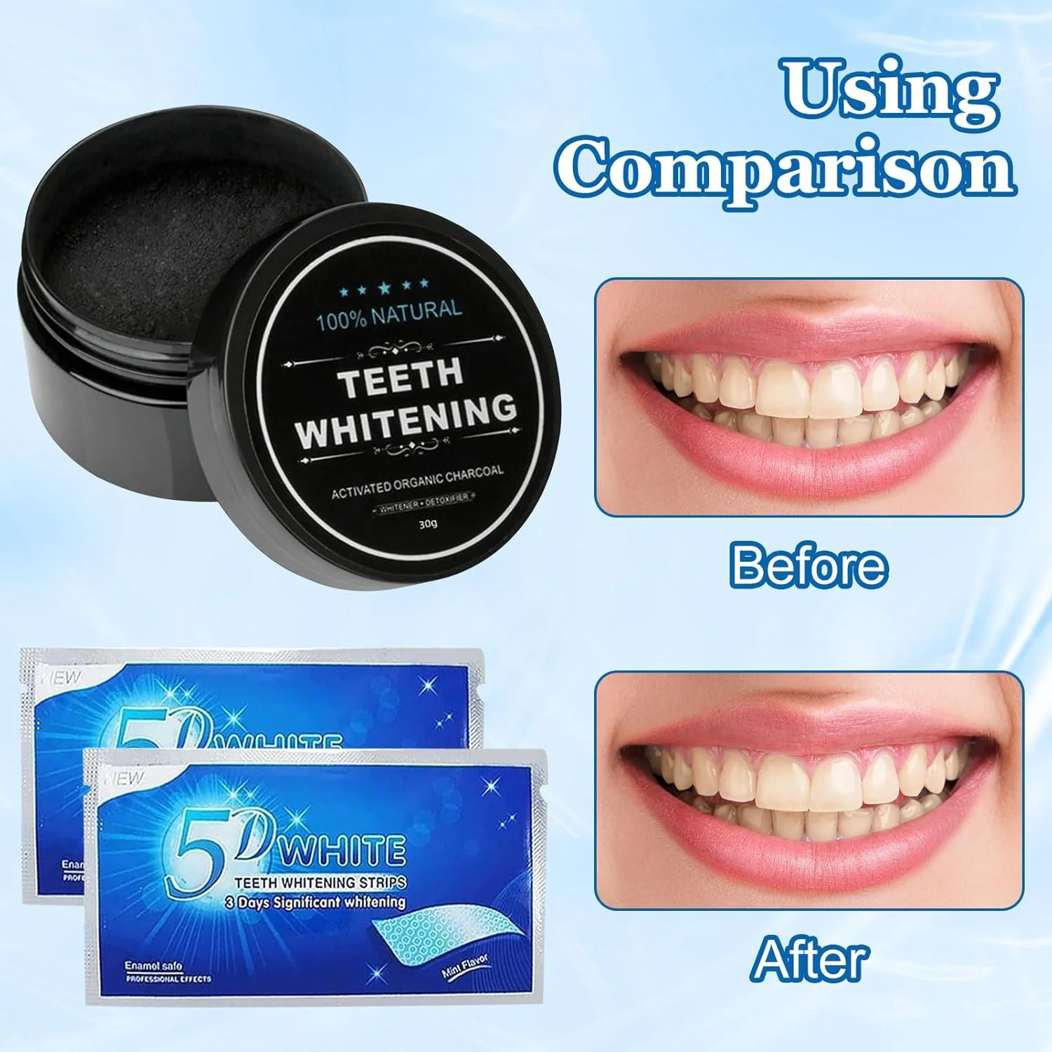 مجموعه سفید کننده دندان UOY، پودر سفید کننده دندان، مجموعه سفید کننده دندان با کربن فعال، مسواک بامبو و 2 نوار سفید کننده، پودر سفید کننده و تمیز کننده دندان برای دندان های سفید