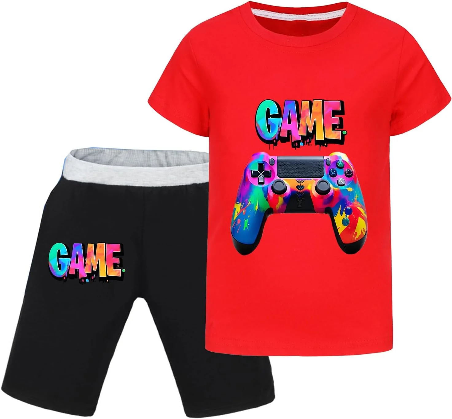 ست لباس پسرانه طرح بازی، آستین کوتاه، 100% پنبه، شامل تیشرت یقه گرد و شلوار، سایزهای 5 تا 13 سال