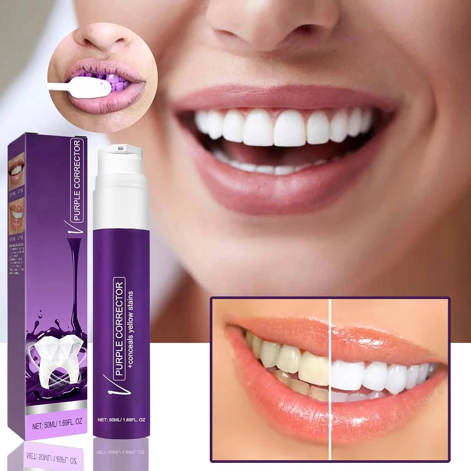 مجموعه دوتایی خمیر دندان و پودر بنفش Zyngkp (دو عدد)، خمیر دندان 50 میلی لیتری + پودر تمیز کننده دندان 50 گرمی، دندان های سفید، از بین برنده جرم و لکه، تنفس تازه، ضد بو، سفید کننده و مراقبت از دهان