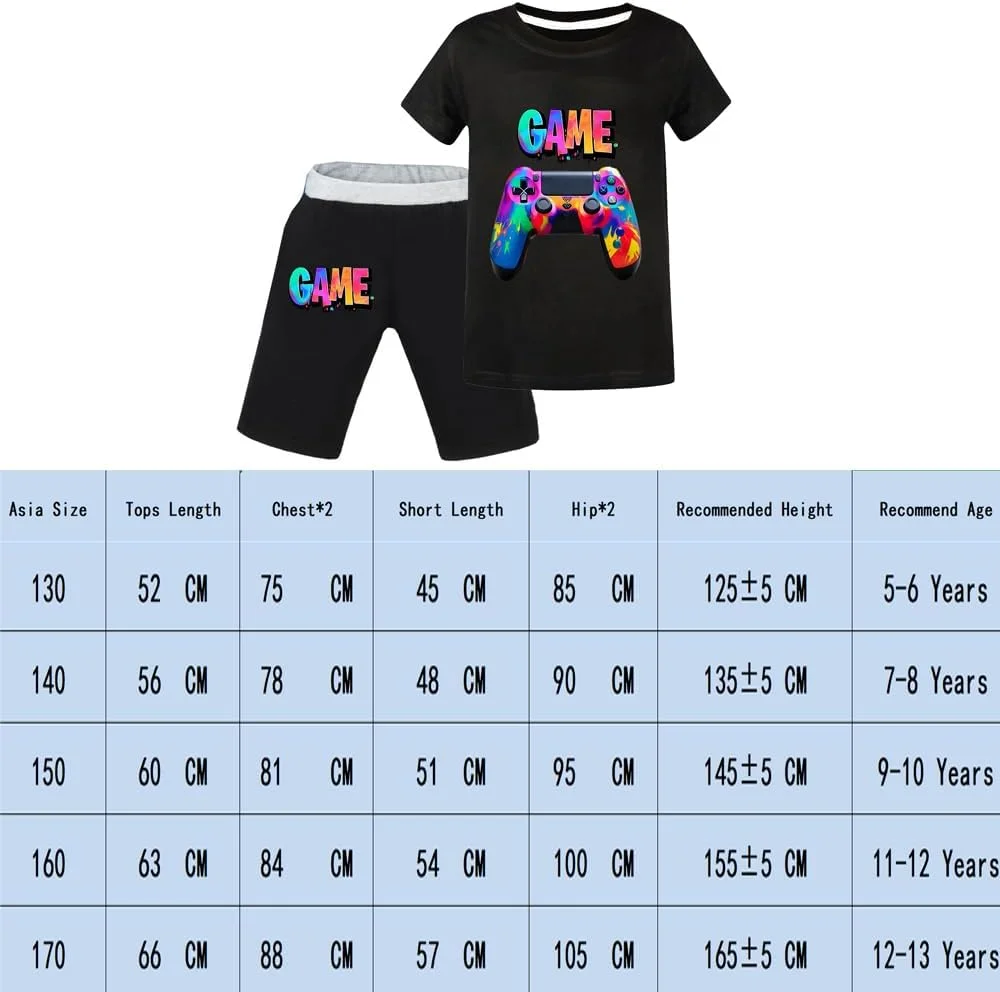 ست لباس پسرانه طرح بازی، آستین کوتاه، 100% پنبه، شامل تیشرت یقه گرد و شلوار، سایزهای 5 تا 13 سال