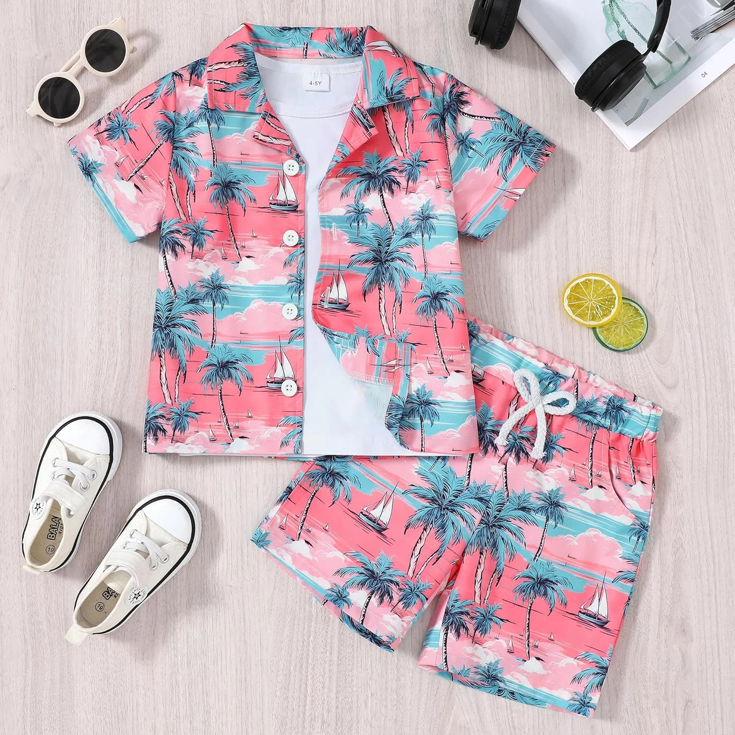 ست لباس پسرانه YUEMION طرح هاوایی، شامل پیراهن آستین کوتاه دکمه دار و شلوارک، مناسب برای کودکان 2 تا 9 سال