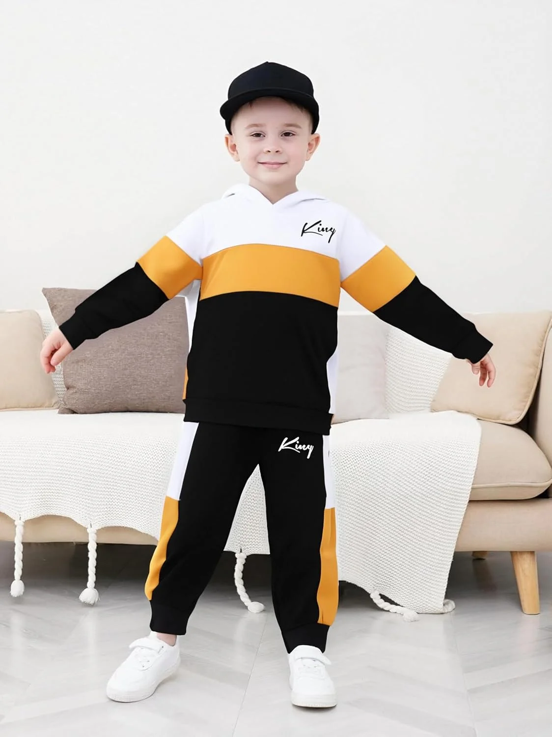 ست لباس پسرانه کودک Yoxindax، هودی خرسی چهارخانه، شلوار تکه دوزی، مناسب پاییز و زمستان