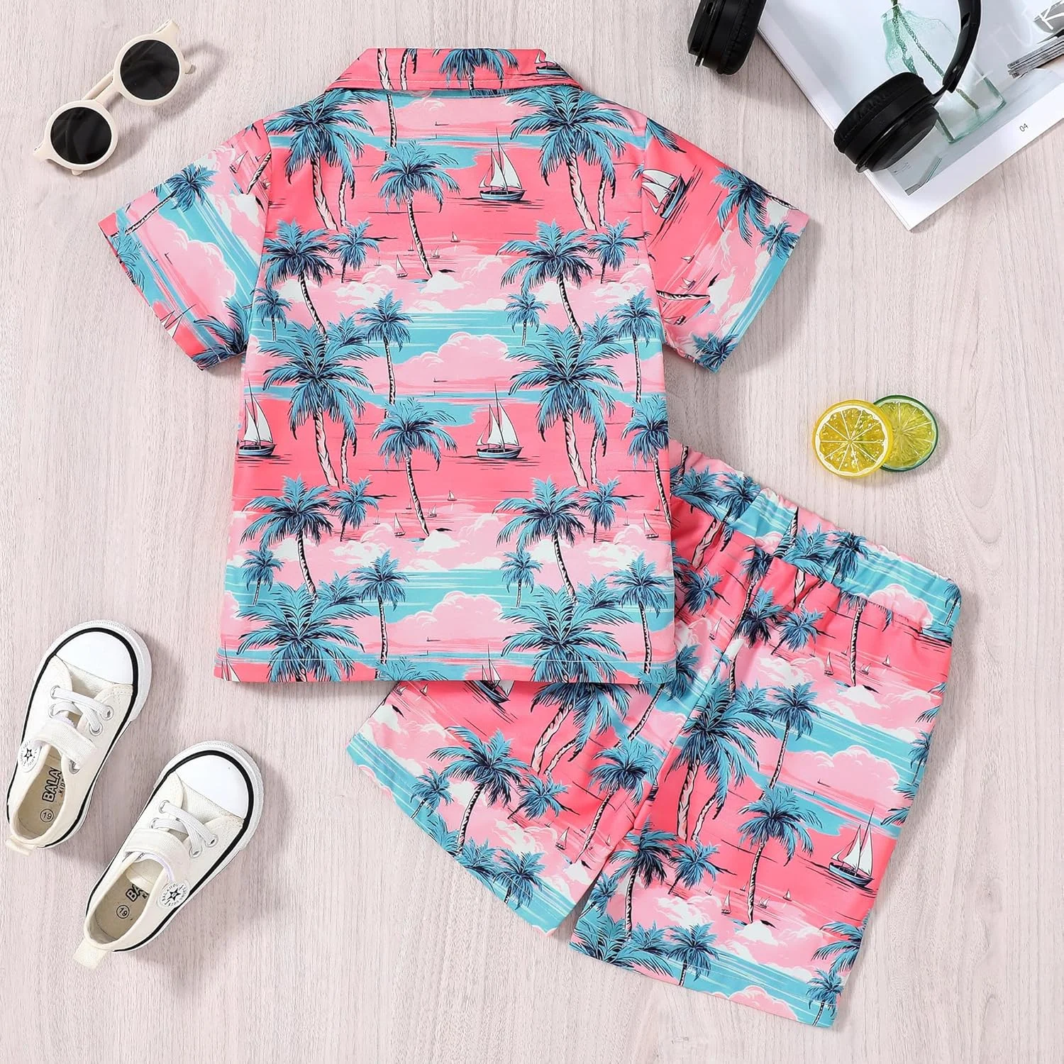 ست لباس پسرانه YUEMION طرح هاوایی، شامل پیراهن آستین کوتاه دکمه دار و شلوارک، مناسب برای کودکان 2 تا 9 سال