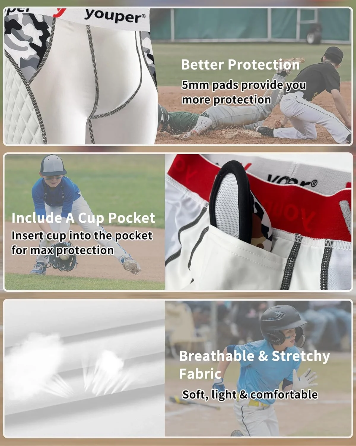 شورت اسلایدینگ پددار یوپر یوت الیت با جیب کاپ، شورت فشاری پسرانه برای بیسبال و فوتبال