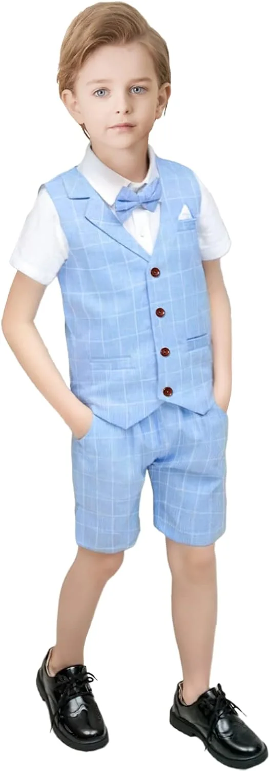 ست لباس تابستانی پسرانه شامل جلیقه + شلوار + پیراهن + پاپیون، 4 تکه، لباس رسمی جنتلمن نوزاد، ست لباس پسرانه 2 تا 7 سال
