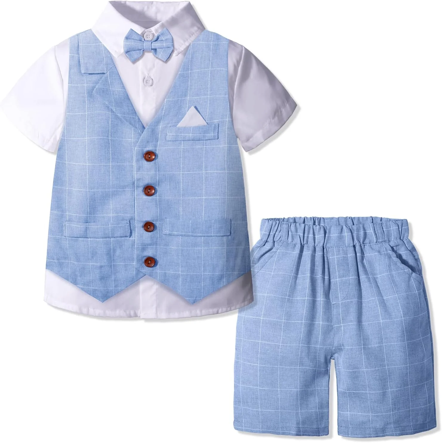 ست لباس تابستانی پسرانه شامل جلیقه + شلوار + پیراهن + پاپیون، 4 تکه، لباس رسمی جنتلمن نوزاد، ست لباس پسرانه 2 تا 7 سال