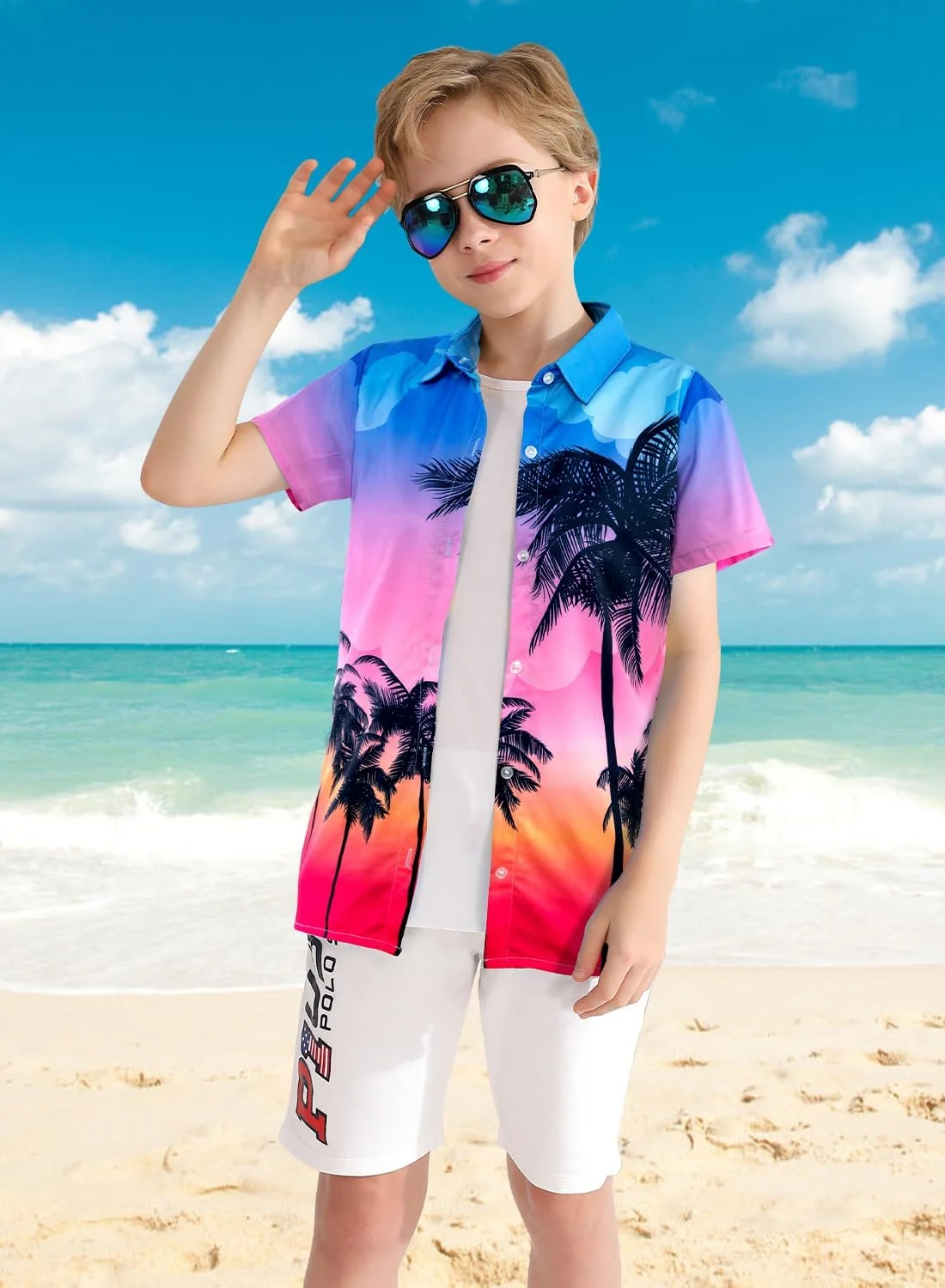پیراهن های هاوایی XiaoMoSha برای پسران، پیراهن دکمه دار آستین کوتاه، تاپ های ساحلی تابستانی برای کودکان