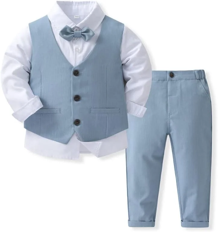 ست کت و شلوار پسرانه WEIWODUZUN، شامل پیراهن رسمی، شلوار، کراوات و جلیقه