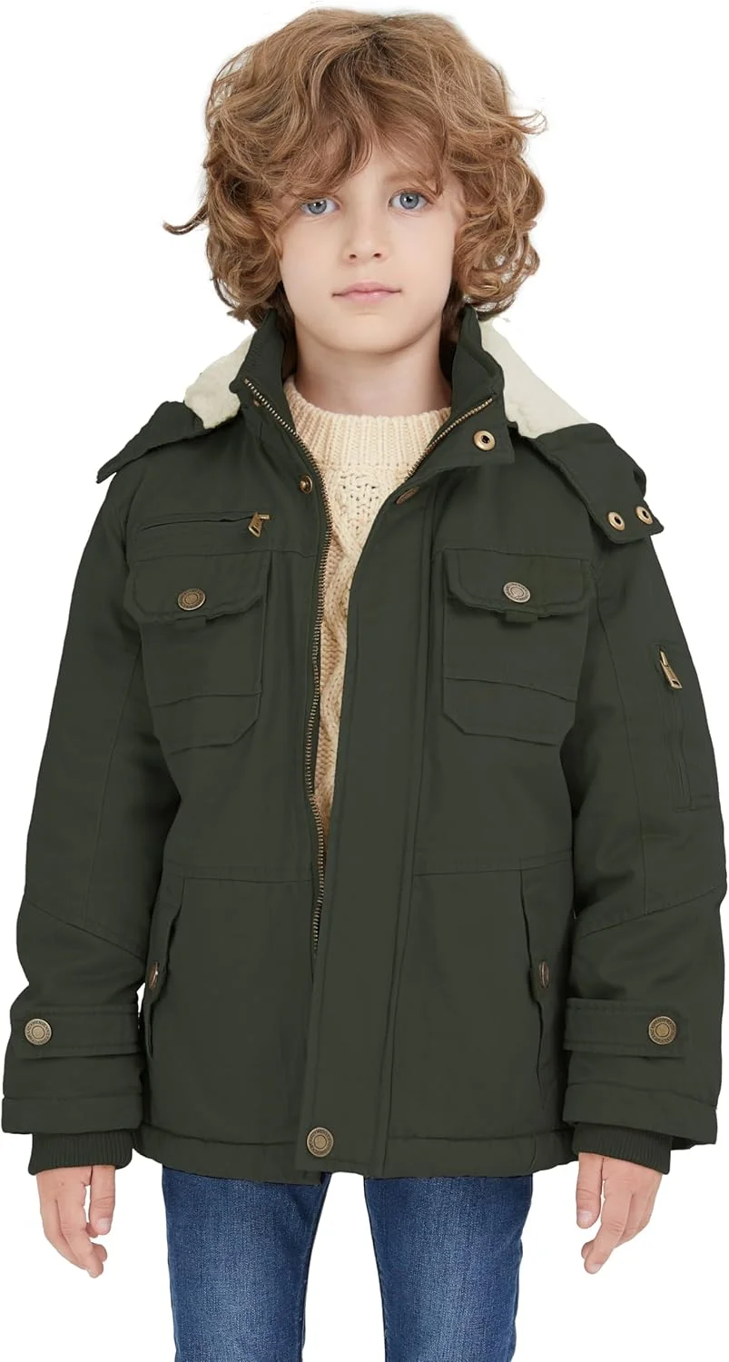 کاپشن کلاه دار ضخیم توییل نخی پسرانه و دخترانه WenVen، سبز ارتشی، سایز 10-12 سال