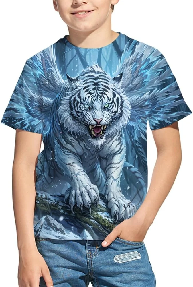 تی‌شرت‌های گرافیکی چاپی سه بعدی بچگانه طرح ببر خنده‌دار آستین کوتاه برای پسران و دختران جوان 4 تا 14 سال
