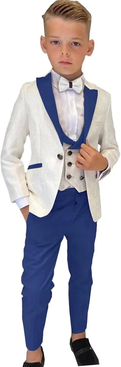 ست کت و شلوار 3 تکه پسرانه مناسب ساقدوش عروسی، شامل کت طرح گلدار، جلیقه و شلوار