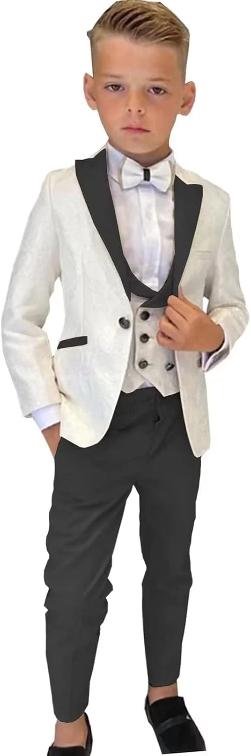 ست کت و شلوار 3 تکه پسرانه مناسب ساقدوش عروسی، شامل کت طرح گلدار، جلیقه و شلوار