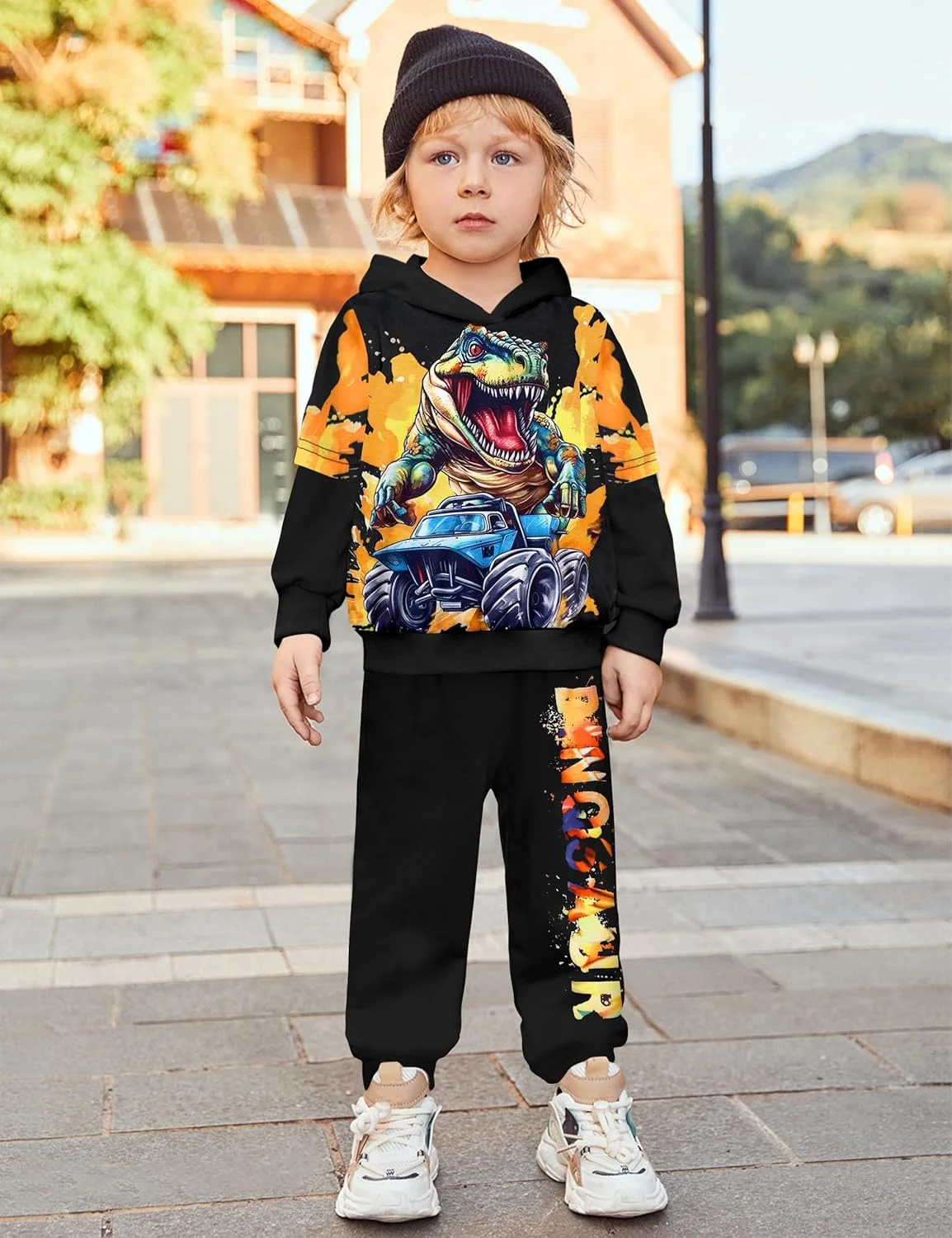 لباس پسرانه بچه گانه TyeSmo با طرح دایناسور، هودی، لباس بچه گانه پسرانه، ست شلوار ورزشی آستین بلند، لباس تی رکس 3-7 سال