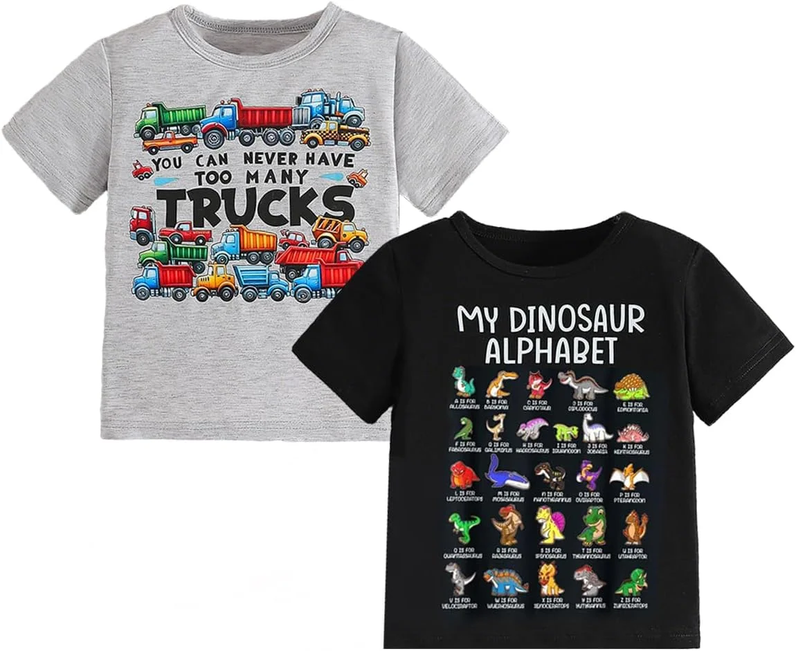 تی شرت پسرانه، بسته 2 عددی، طرح دایناسور و حروف الفبا، آستین کوتاه، مناسب کودکان 2 تا 8 سال
