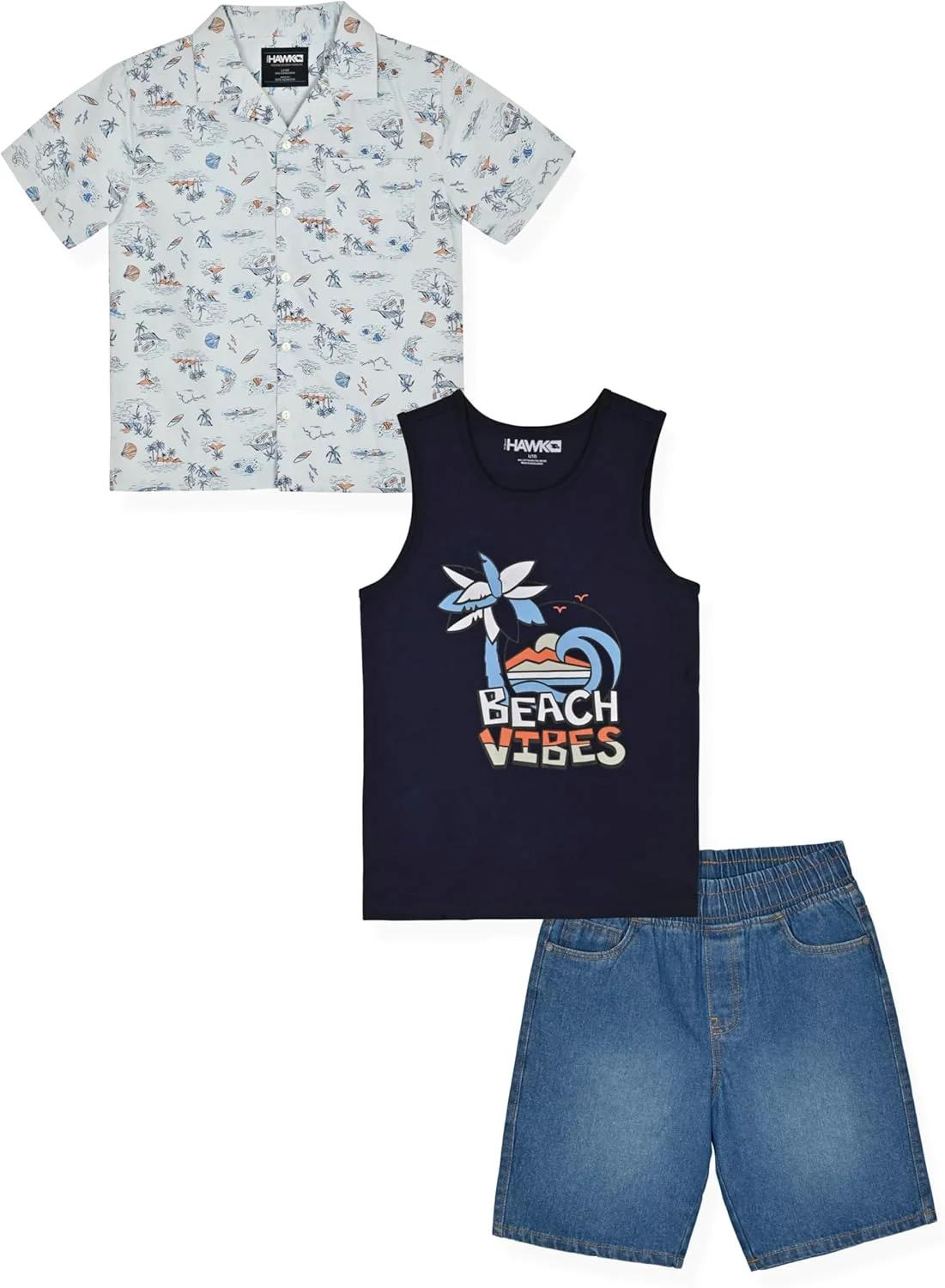 ست شلوارک پسرانه سه تکه تونی هاوک - شامل تیشرت طرح اسکیت بورد، شلوارک بافت و پیراهن دکمه دار جلو باز برای لباس بچه گانه