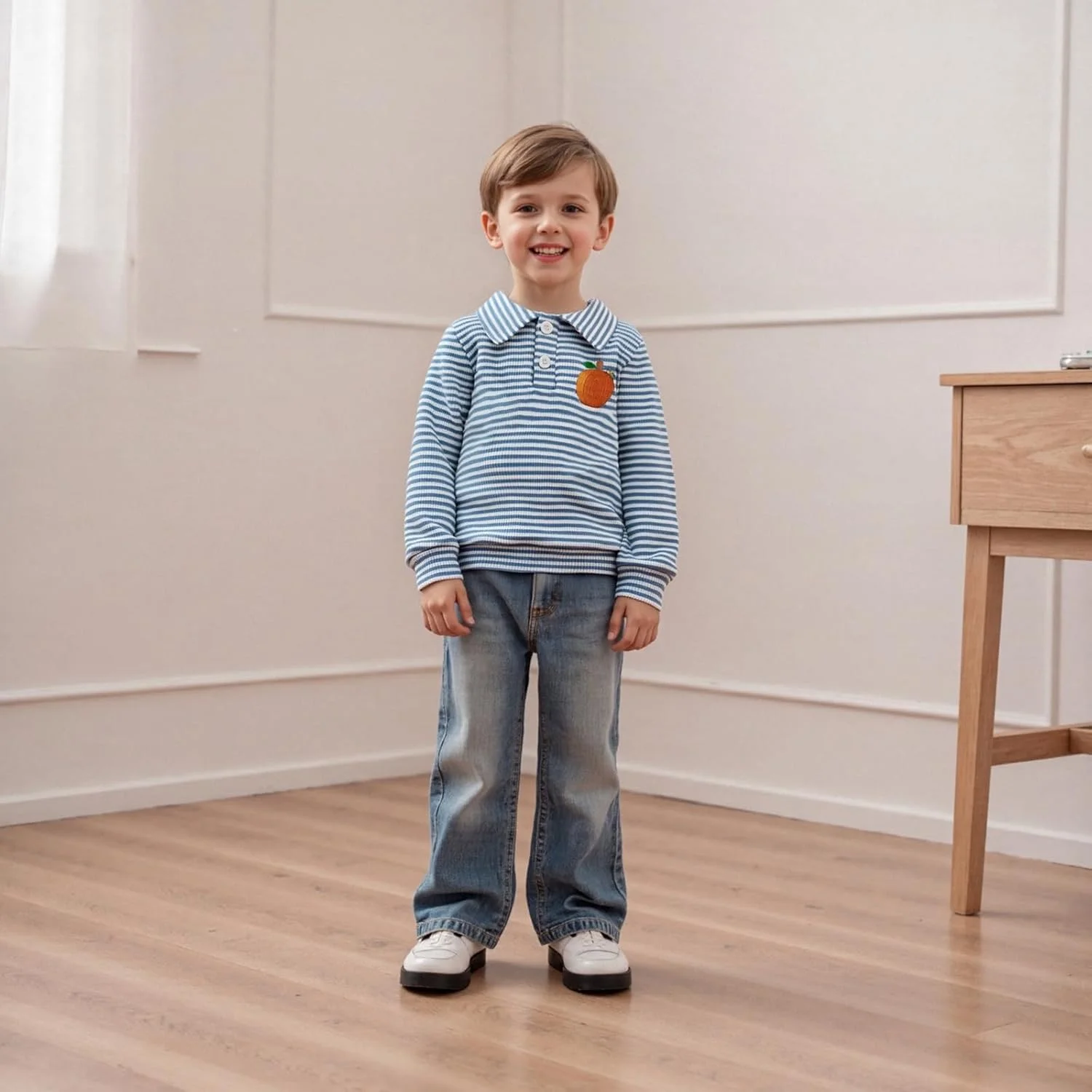 لباس هالووین پسرانه بچه گانه، پیراهن پولو راه راه سگک دار با گلدوزی کدو تنبل، آستین بلند