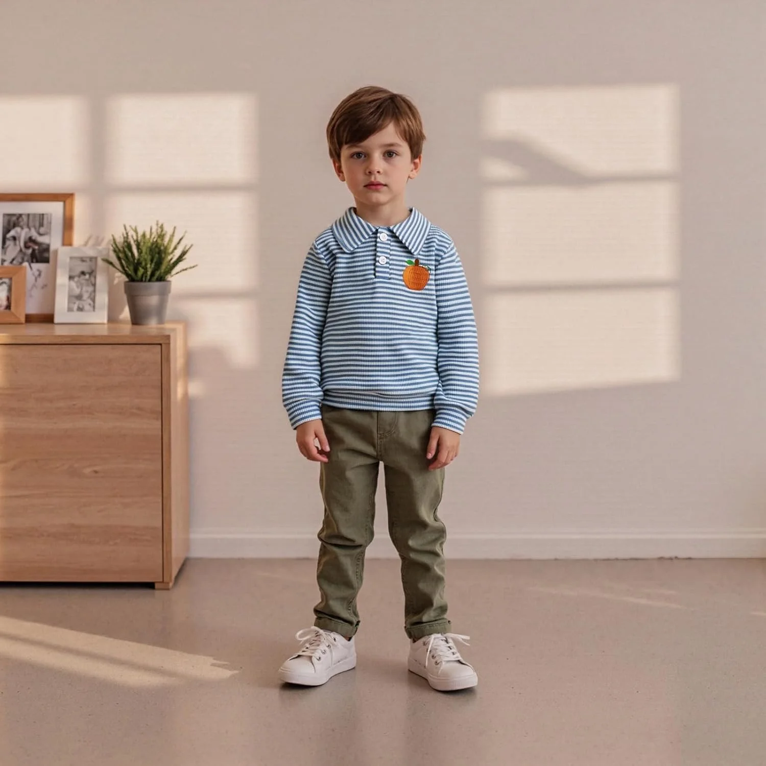 لباس هالووین پسرانه بچه گانه، پیراهن پولو راه راه سگک دار با گلدوزی کدو تنبل، آستین بلند