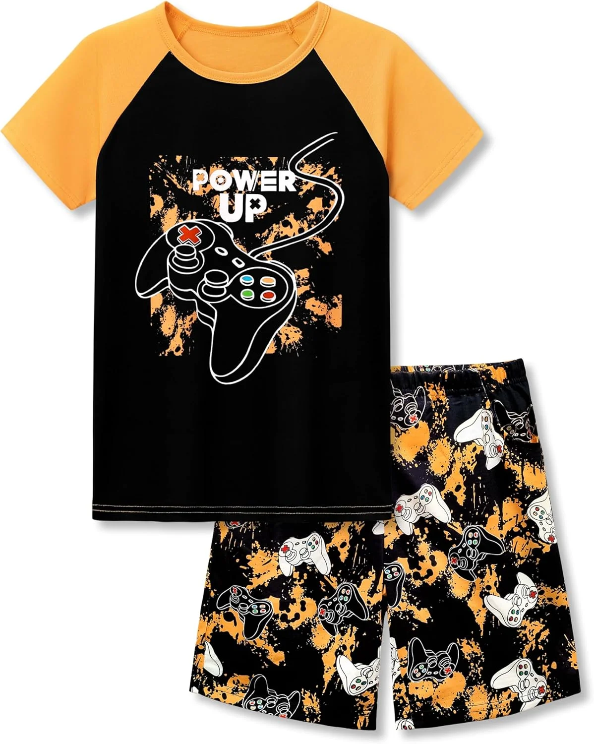 ست پیژامه دو تکه راحت پسرانه Tebbis، طرح گیمر زرد، آستین کوتاه، خنک، مناسب سایزهای 6 تا 18