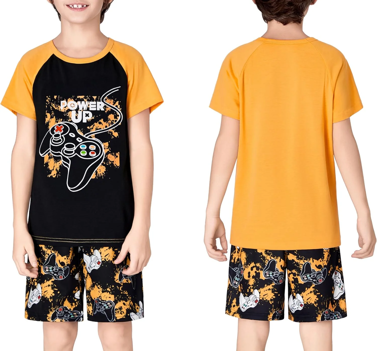 ست پیژامه دو تکه راحت پسرانه Tebbis، طرح گیمر زرد، آستین کوتاه، خنک، مناسب سایزهای 6 تا 18