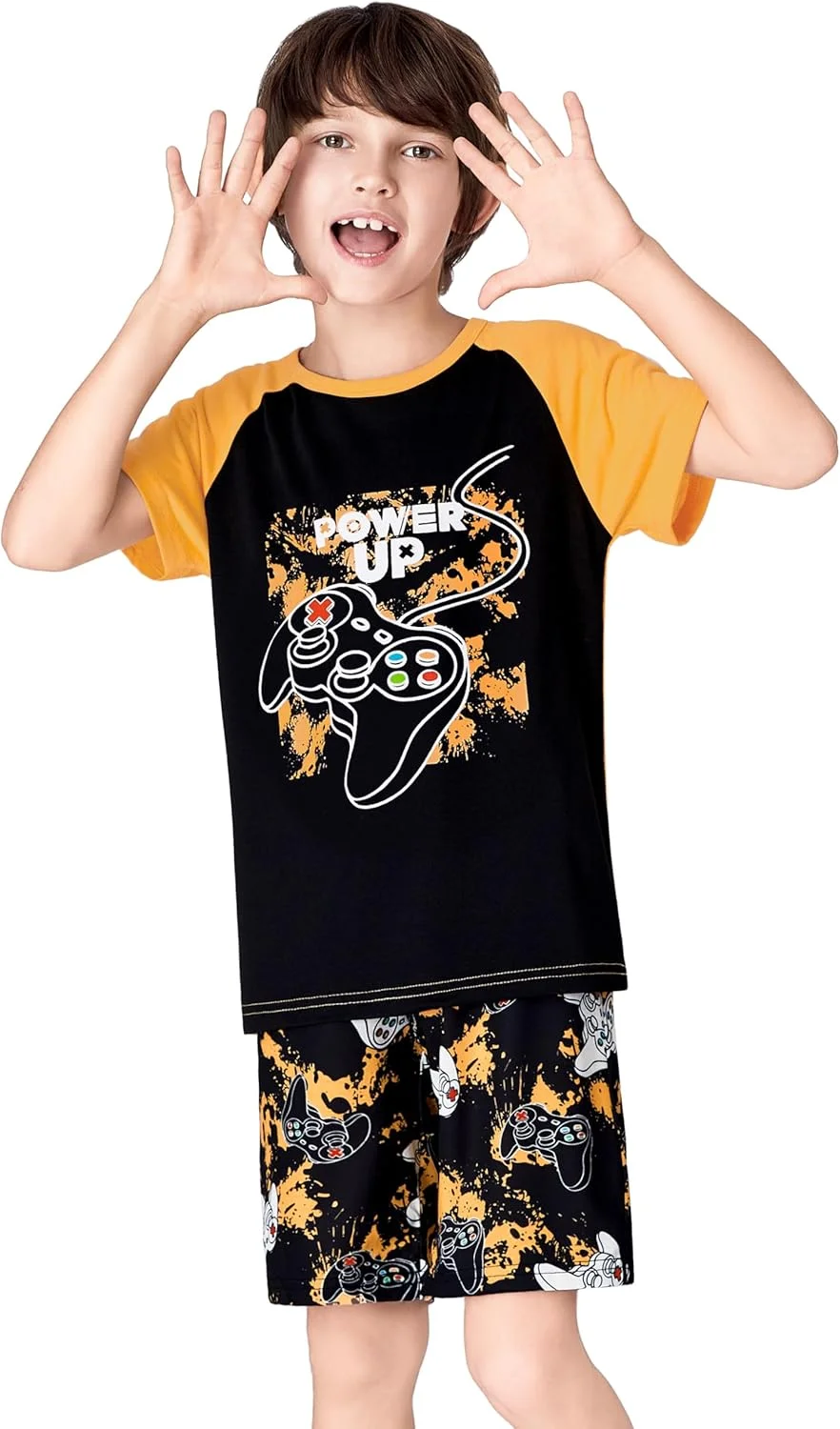ست پیژامه دو تکه راحت پسرانه Tebbis، طرح گیمر زرد، آستین کوتاه، خنک، مناسب سایزهای 6 تا 18