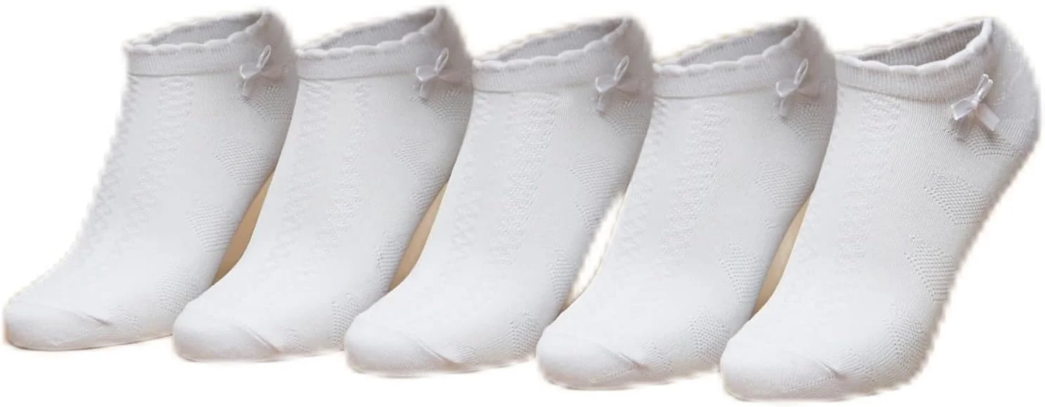 جوراب ساق کوتاه ساده دخترانه با لبه دالبری و پاپیون - ست 5 عددی