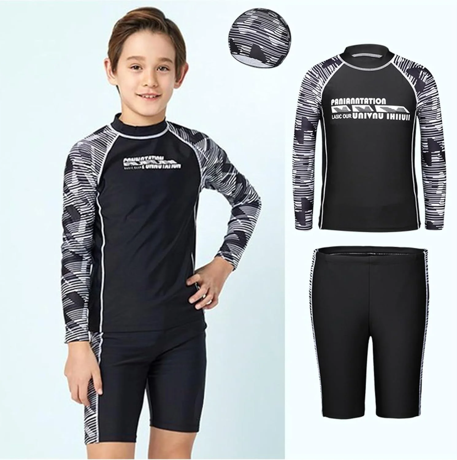 ست لباس شنا پسرانه شامل تیشرت آستین بلند و شورت شنا با قابلیت خشک شدن سریع به همراه کلاه شنا - 3 تکه