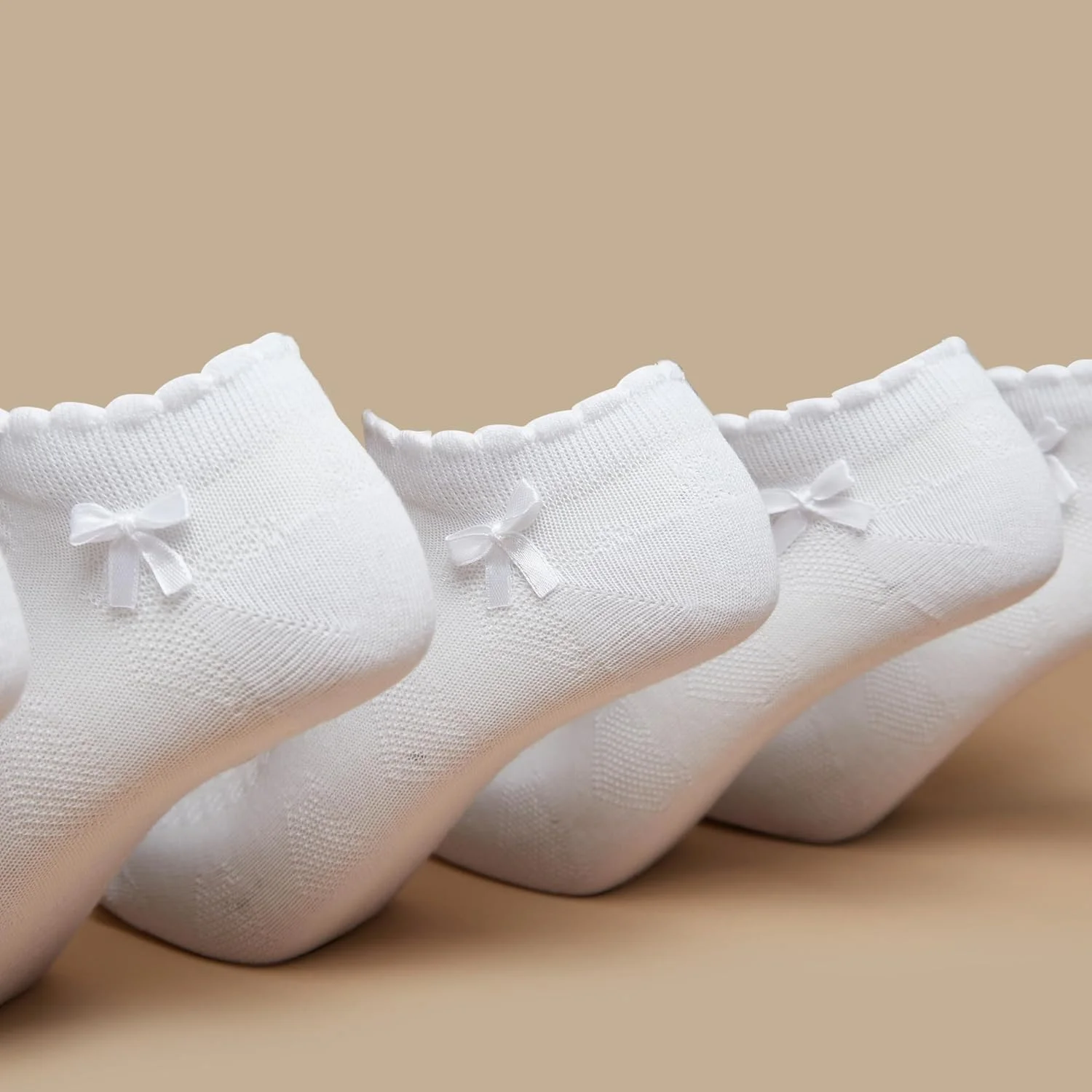 جوراب ساق کوتاه ساده دخترانه با لبه دالبری و پاپیون - ست 5 عددی