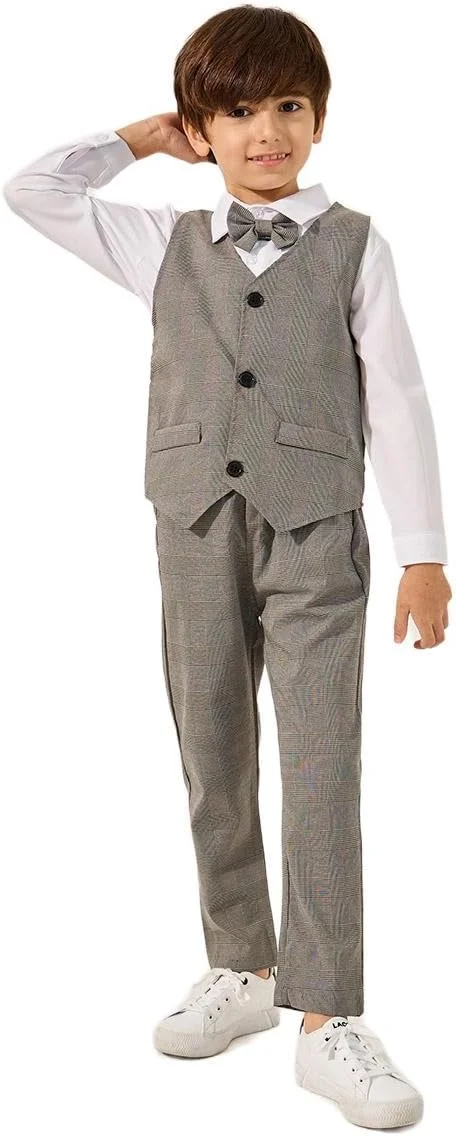 ست پیراهن آستین بلند پسرانه، جلیقه طرح‌دار و شلوار به همراه پاپیون