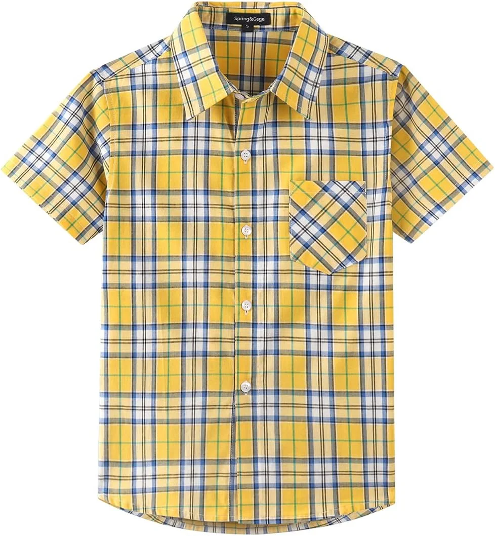 پیراهن آستین کوتاه پسرانه اسپرینگ اند گگه، طرح چهارخانه، دکمه دار، با جیب روی سینه (مناسب 5 تا 14 سال)