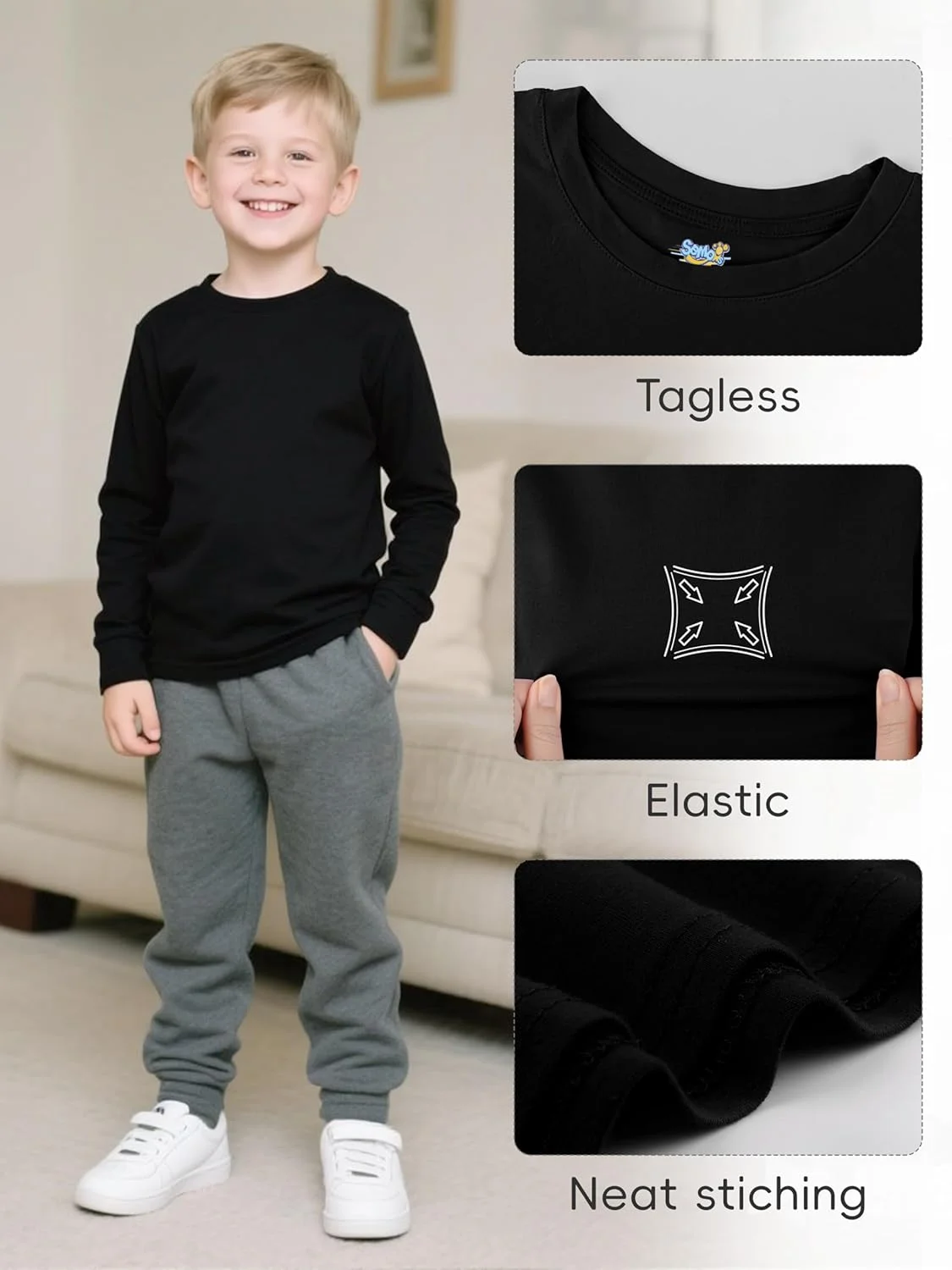 بسته 5 عددی تیشرت آستین بلند پسرانه Semois، تیشرت های نخی یقه گرد آستین بلند پایه ای نرم