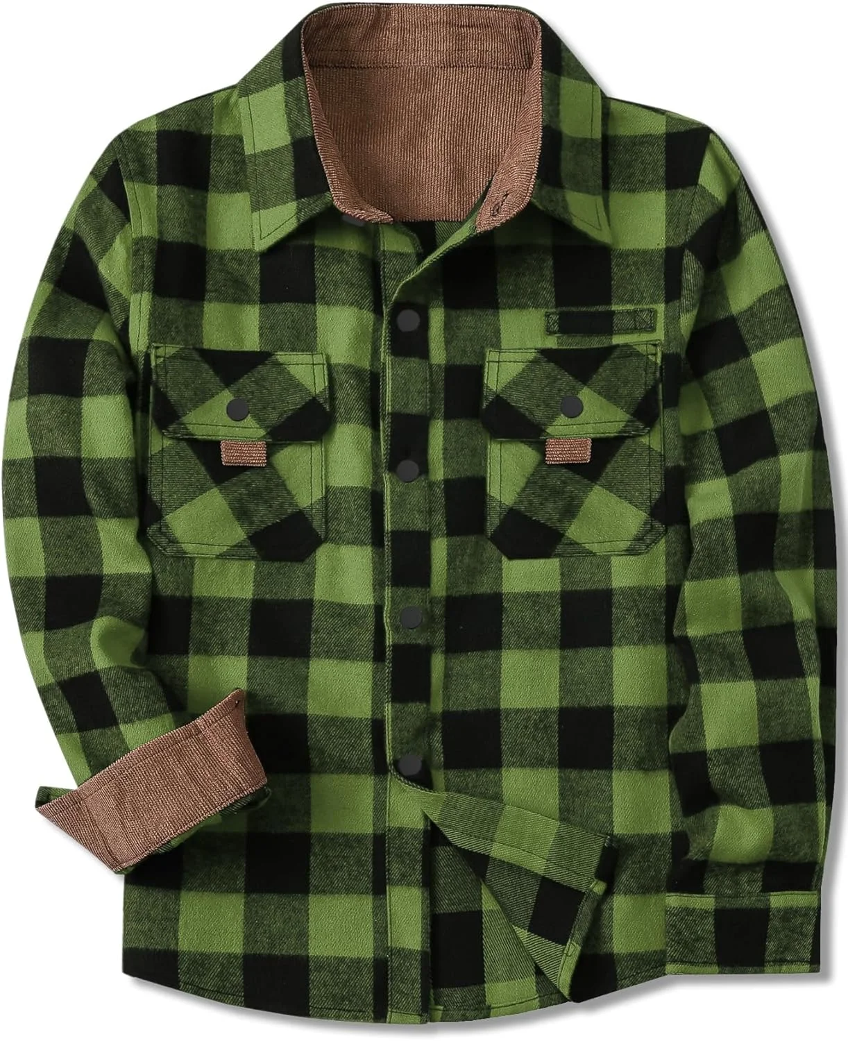 پیراهن مردانه چهارخانه آستین بلند SANGTREE با دکمه و یقه مخملی، طرح چهارخانه سبز، سایز 2XL