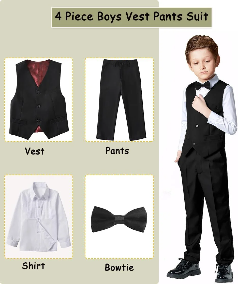 ست کت و شلوار 4 تکه پسرانه، مدل اسلیم فیت، لباس رسمی مشکی و آبی برای پسران