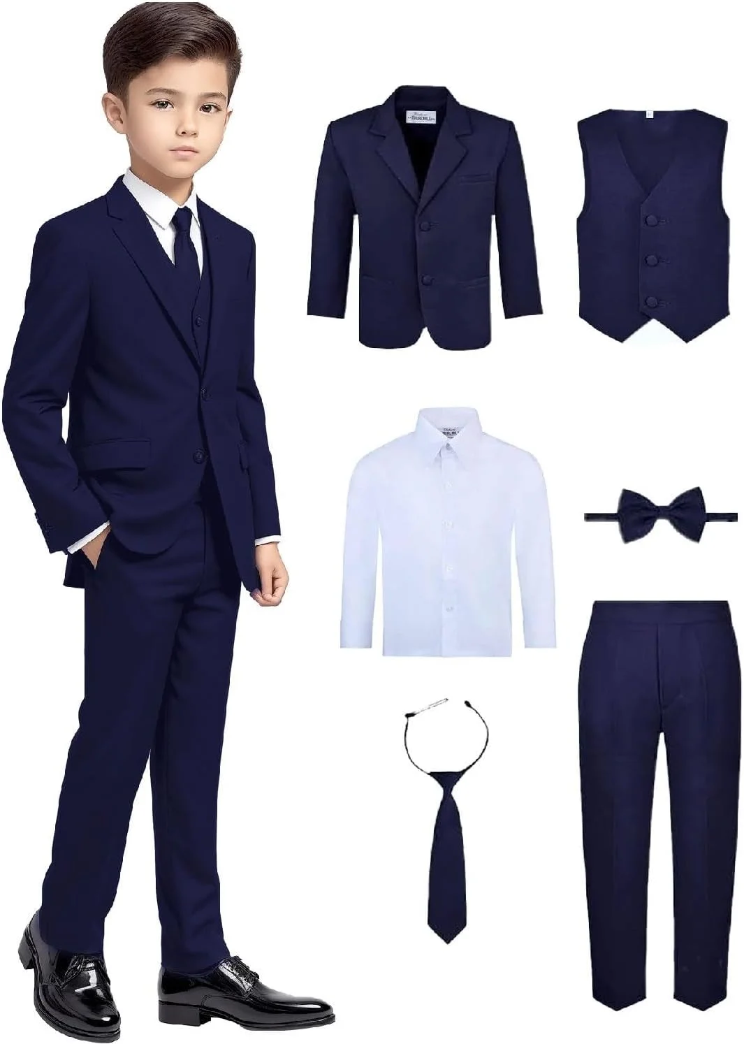 ست کت و شلوار رسمی 6 تکه پسرانه - شامل کت، شلوار مجلسی کمر راحت، جلیقه، پیراهن مجلسی، کراوات و پاپیون