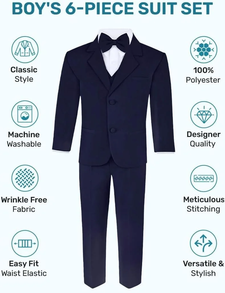 ست کت و شلوار رسمی 6 تکه پسرانه - شامل کت، شلوار مجلسی کمر راحت، جلیقه، پیراهن مجلسی، کراوات و پاپیون
