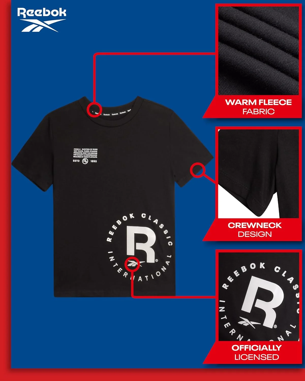 تی‌شرت آستین کوتاه پسرانه ریباک - تیشرت‌های گرافیکی لوگو یقه گرد پنبه‌ای با کارایی بالا برای پسران (سایزها: 4-20)