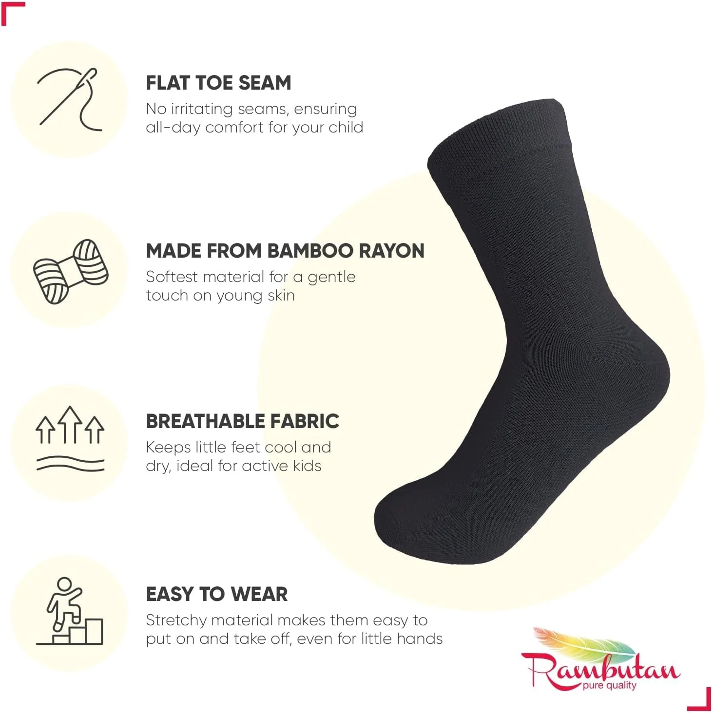 جوراب ساق کوتاه بچگانه رامبوتان (بسته 3 عددی) با رنگ ساده و بافته شده از بامبو مناسب مدرسه