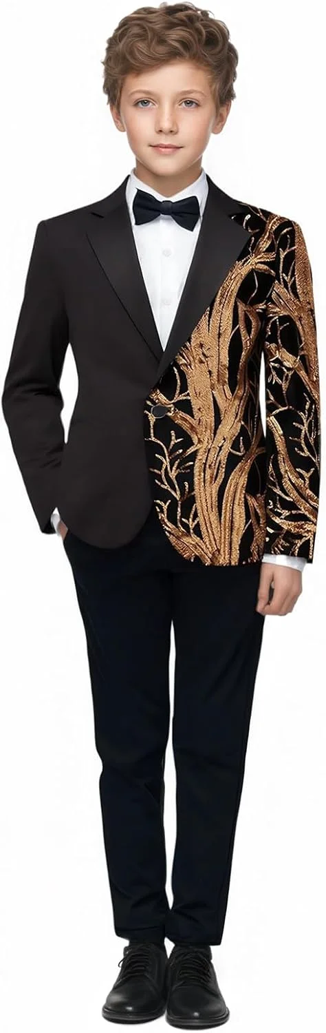 ست کت، پیراهن، پاپیون و شلوار 4 تکه پسرانه طرح پولک درختی و موج مناسب اجرا روی صحنه سایز 6 تا 16 سال