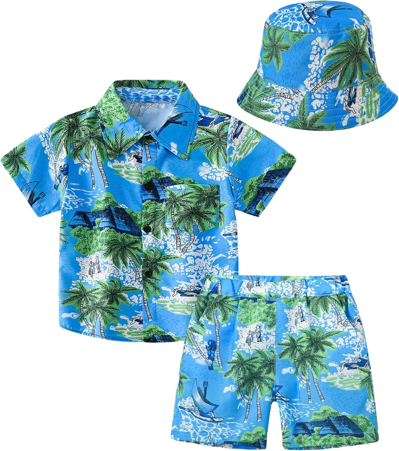 ست 3 تکه پیراهن دکمه دار آستین کوتاه و شلوارک پسرانه و دخترانه طرح هاوایی SEAUR مناسب کودکان 3 تا 12 سال به همراه کلاه